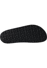 Zwarte rubberen schoenzool met een gestructureerd hexagonaal grippatroon, met een vlakke oppervlakte en afgeronde randen. Geen zichtbare slijtage.