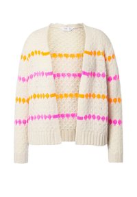 Strikket cardigan i creme med flerfarvede striber i orange, pink og lilla. Har åben front og ribbadde kanter samt manchetter. Åndbar tekstur.