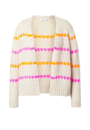 Strikket cardigan i creme med flerfarvede striber i orange, pink og lilla. Har åben front og ribbadde kanter samt manchetter. Åndbar tekstur.