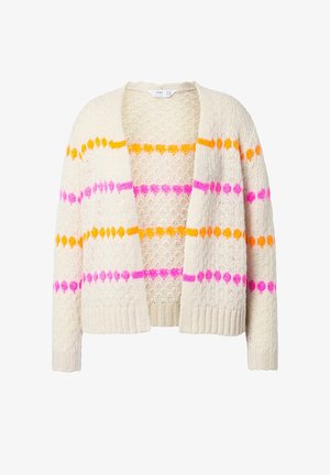 Strickjacke in Creme mit mehrfarbigen Streifen in Orange, Pink und Lila. Hat einen offenen Vorderbereich sowie einen gerippten Saum und Bündchen. Atmungsaktives Material.