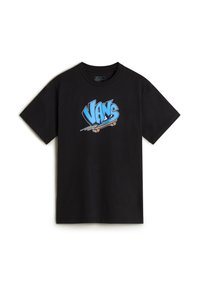 Zwarte katoenen t-shirt met een groot, kleurrijk "Vans" grafisch logo in blauw en oranje met skateboardaccenten op de voorkant.