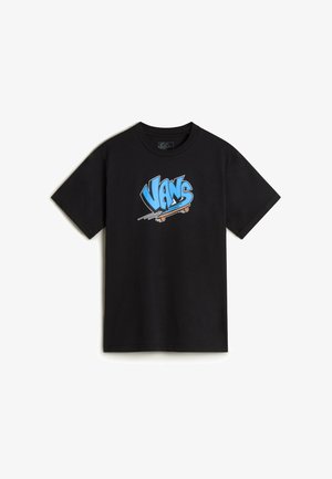 Czarny bawełniany t-shirt z dużym, kolorowym logo "Vans" w niebieskim i pomarańczowym kolorze z akcentami nawiązującymi do skateboardingu na froncie.