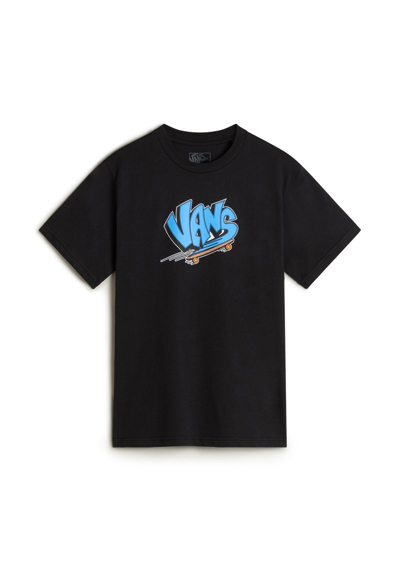 Zwarte katoenen t-shirt met een groot, kleurrijk "Vans" grafisch logo in blauw en oranje met skateboardaccenten op de voorkant.