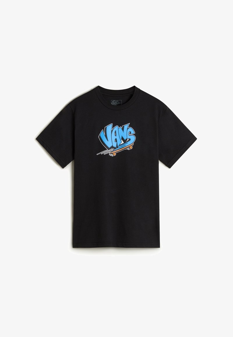Schwarzes Baumwoll-T-Shirt mit einem großen, bunten "Vans"-Grafiklogo in Blau und Orange sowie Skateboard-Akzenten auf der Vorderseite.