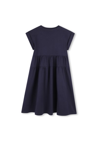 Navyblauwe katoenen jurk met korte kapmouwen, voorzien van een gather bij de taille en een uitlopende rok voor een casual pasvorm.