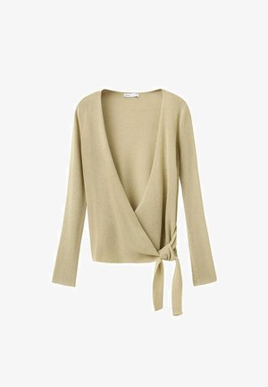 Pull cache-cœur en maille côtelée beige avec manches longues et fermeture à nouer à la taille.