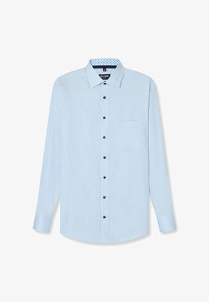 Hellblaues Herrenhemd mit langen Ärmeln, schwarzen Knöpfen, Brusttasche und einem klassischen Kragen mit gemustertem Innenfutter.