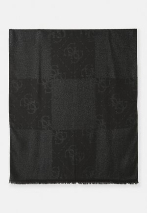 Black textile blanket featuring a textured surface with a geometric pattern and frayed edges. The design incorporates subtle variations in shading.