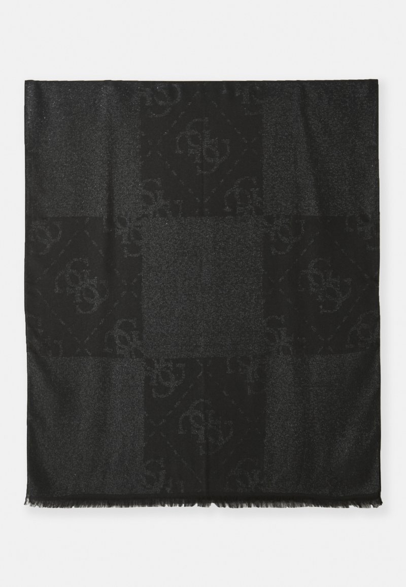 Coperta in tessuto nero caratterizzata da una superficie testurizzata con un motivo geometrico e bordi sfrangiati. Il design incorpora sottili variazioni di ombreggiatura.