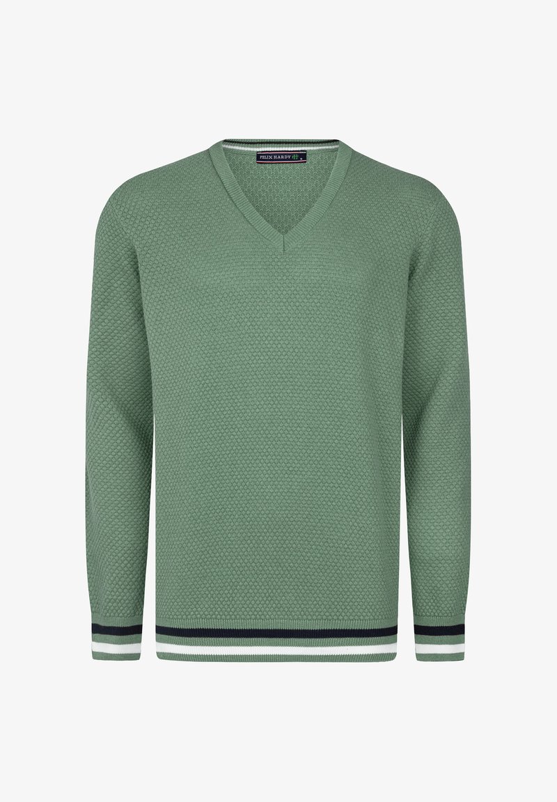 Groene gebreide trui met V-hals, voorzien van een geweven patroon. Ribgebreide manchetten hebben marineblauwe en witte strepen. Etiket met de tekst "Felix Hardy."