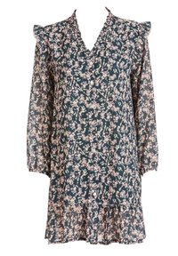 Vestido de estampado floral en verde oscuro con detalles en rosa. Presenta mangas largas y transparentes, escote con volantes y detalles de botones. Tejido ligero.