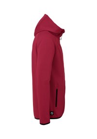 Rode hoodie met een gladde textuur, ritszak aan de zijkant en elastische manchetten. Heeft een slanke, getailleerde pasvorm.