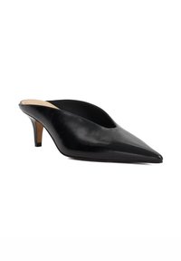 Black leather open-toe mules with a pointed toe and a small heel. Smooth texture with a simple, sleek design. No visible hardware or patterns.