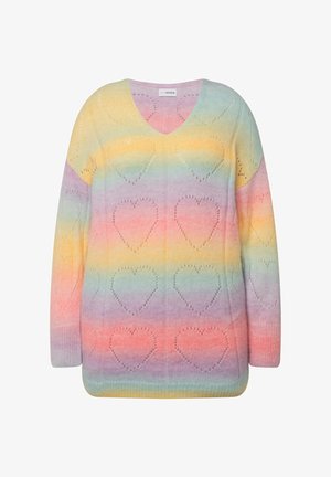 V-hals sweater med en gradient af pastelfarver og hjerte mønstre. Strikket tekstur med lange ærmer og en afslappet pasform.