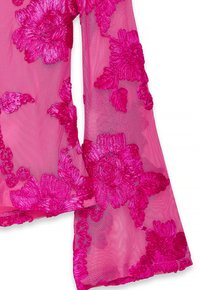 Blusa rosa transparente con bordado floral. Presenta intrincados diseños de rosas y acentos texturizados. Mangas acampanadas y terminaciones en el dobladillo.