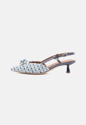 Woven fabric slingback shoe with a pointed toe, blue and white pattern, and a small decorative buckle, featuring a low heel.