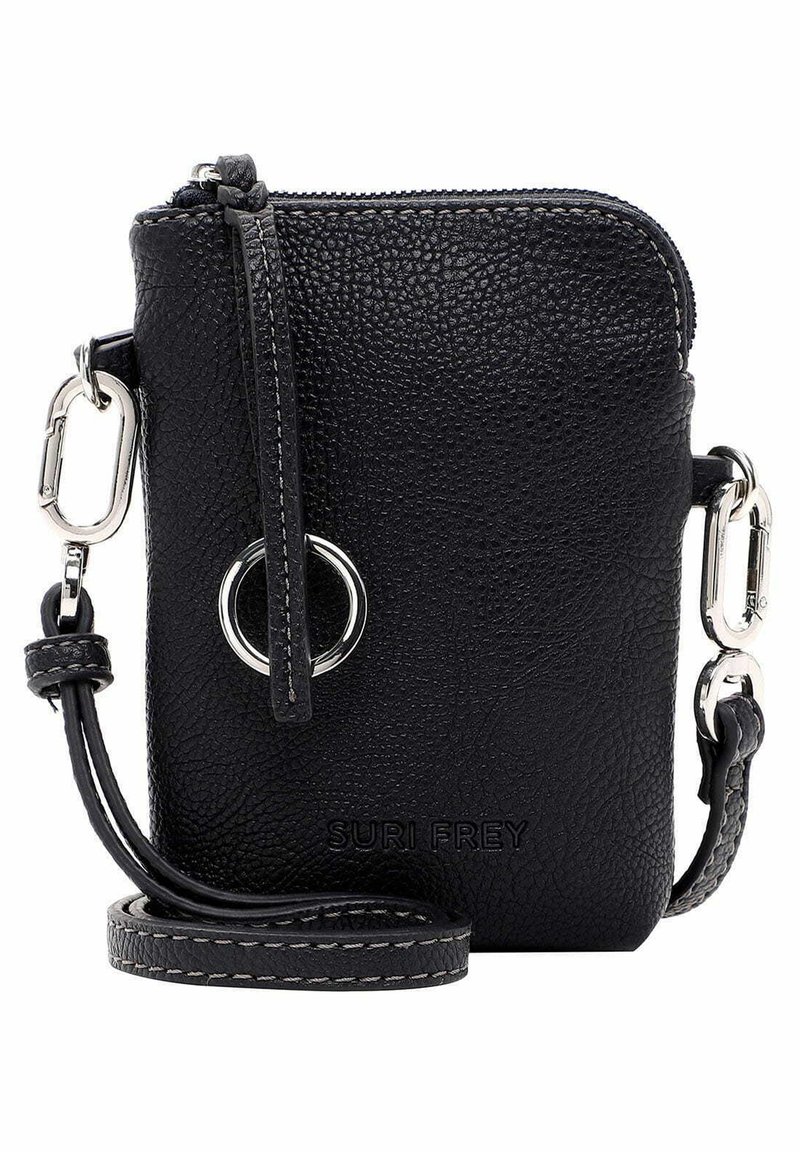 Pochette nera in pelle con zip, superficie testurizzata, hardware argentato, dettaglio ad anello circolare e tracolla regolabile. Nome del marchio visibile.