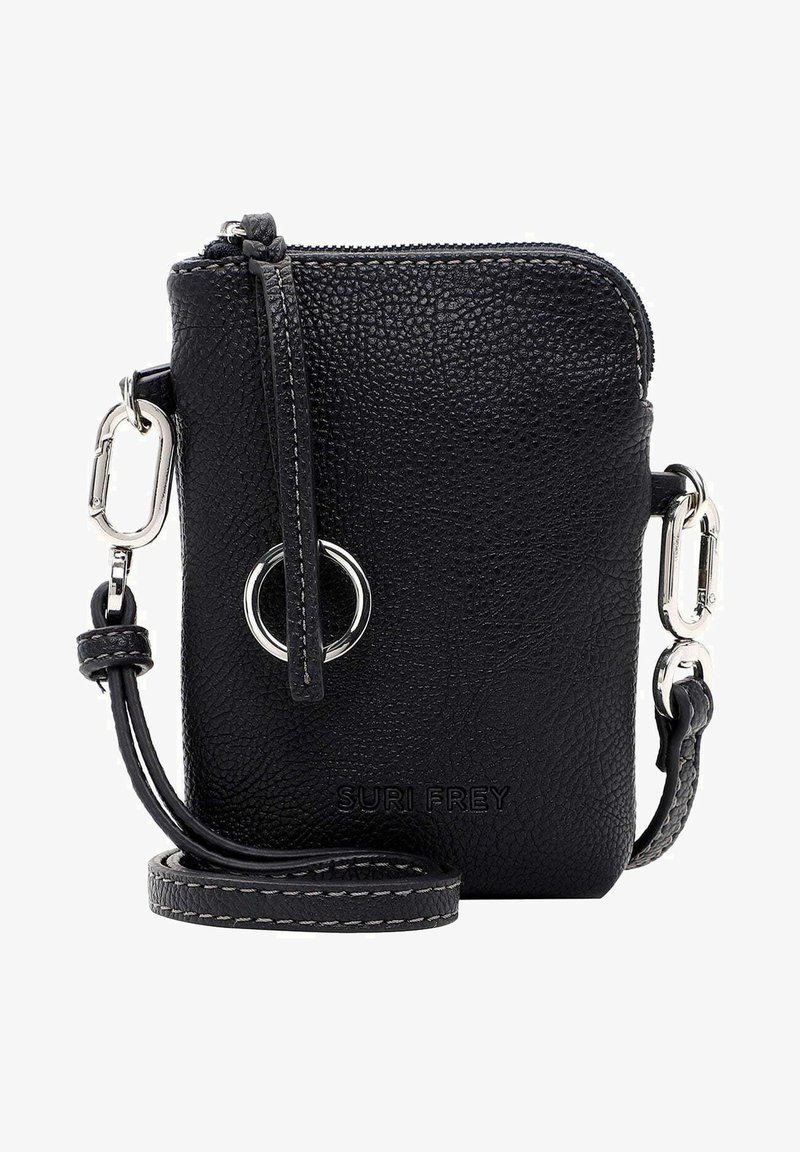 Black leather zippered pouch with textured surface, silver hardware, a circular ring detail, and an adjustable strap. Brand name visible.