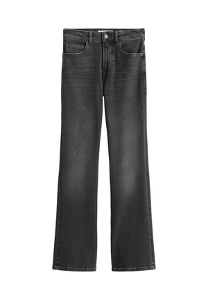 Schwarze Denim Schlagjeans mit einem verblassten Finish, fünf Taschen und einem Knopfverschluss. Gerades Bein und verstärkte Nähte.
