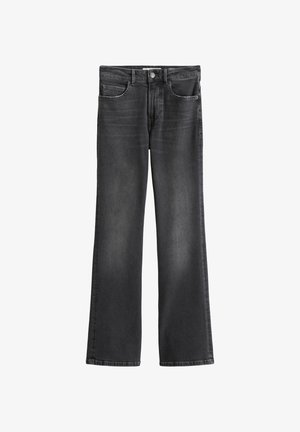 Czarne dżinsy dzwonowate z wyblakłym wykończeniem, pięć kieszeni i zapięcie na guzik. Prosty krój nogawek i wzmocnione szwy.