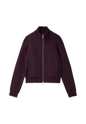 Veste zippée violet foncé à manches longues, poignets et ourlet côtelés, col montant, présentée à plat sur fond blanc.