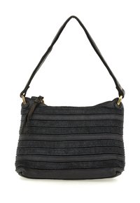Piccola borsa a spalla nera con strisce orizzontali, texture in suede, dettagli in pelle, cursore della cerniera dorato e manico corto.