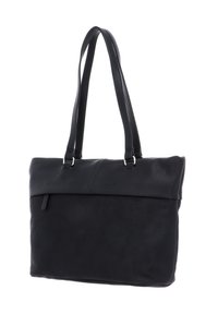 Borsa a tote nera con parte superiore in pelle liscia e parte inferiore in tessuto texturizzato. Presenta doppi manici e un design con cima piegata.