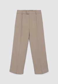 Beige maßgeschneiderte Hosen mit einem lässigen Schnitt, ausgestattet mit einem flachen Vorderteil, einem Bund mit Gürtelschlaufen und weiten, gekürzten Beinen. Glatte Stofftextur.