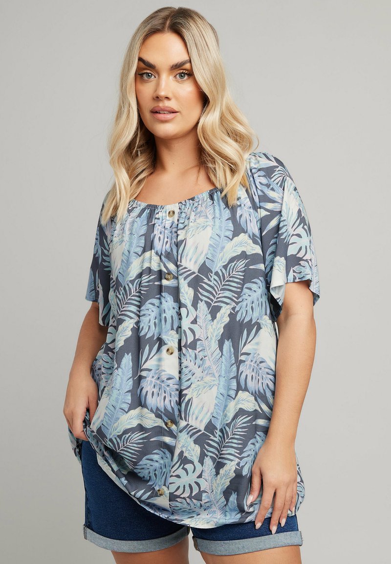 Floral blouse featuring a dark blue background, short sleeves, elastic neckline, and light blue and green leaf patterns with gold buttons.