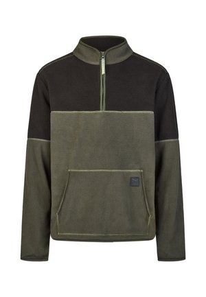 Langärmeliger Fleece-Pullover in Olivgrün und Schwarz mit Viertelreißverschluss und vorderer Kängurutasche.