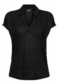 Polo noir à manches courtes avec col replié et ouverture en V, fabriqué en tissu léger.