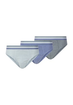 Drei Paar Unterhosen aus hellgrauem, blauen und dunkelgrauem Stoff. Jede hat einen kontrastierenden, gestreiften Bund in hellen und dunklen Farbtönen.