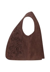 Bruine suède handtas met een grote handgreep uitsparing en bloemen borduursel aan de ene kant, met een zachte, gestructureerde afwerking.