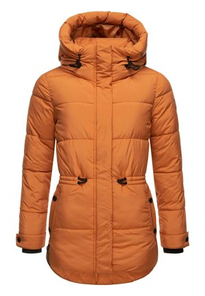 Chaqueta de plumas naranja con capucha, con cordones negros, diseño acolchado, bolsillos laterales y puños elásticos para mayor calidez.