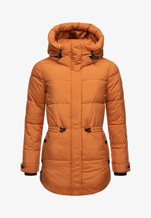 Doudoune orange avec capuche, dotée de cordons de serrage noirs, au design matelassé, avec des poches latérales et des poignets élastiques pour plus de chaleur.