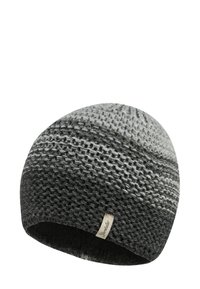 Gray knit beanie with a textured pattern, featuring a subtle gradient. Includes a small, branded label on the side. Soft and flexible fabric.