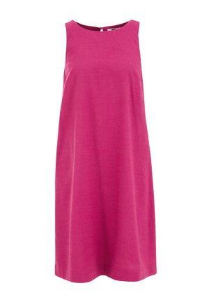 Rochie fucsia fără mâneci, cu croială dreaptă, decolteu rotund și detaliu cu nasturi la spate, realizată dintr-un material texturat, ușor.