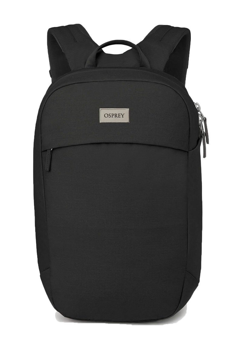 Sac à dos noir avec une texture de tissu lisse, de forme rectangulaire, poche zippée à l'avant et poignée supérieure. Présente le logo Osprey à l'avant.