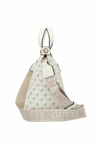 Borsa a tracolla bianca con motivo geometrico e tracolla beige, caratterizzata da una superficie liscia, doppi manici e dettagli del logo sulla tracolla.