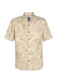 Short-sleeve button-up shirt in beige with a detailed brown pattern, featuring various floral and animal motifs. Five dark buttons.