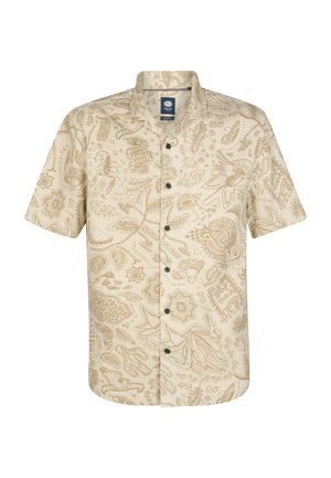 Cămașă cu mâneci scurte și nasturi, de culoare bej, cu un model detaliat maro, care prezintă diverse motive florale și animale. Cinci nasturi închiși la culoare.