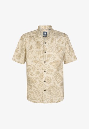 Cămașă cu mâneci scurte și nasturi, de culoare bej, cu un model detaliat maro, care prezintă diverse motive florale și animale. Cinci nasturi închiși la culoare.