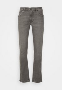 Gray straight-leg denim jeans with front button, zipper closure, and five-pocket design against a white background.