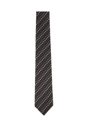 Cravatta nera con motivo diagonale ripetuto di piccole forme bianche e marroni simili a foglie.
