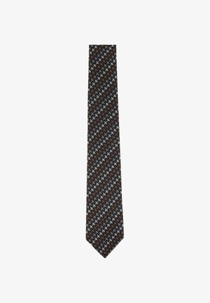Cravatta nera con motivo diagonale ripetuto di piccole forme bianche e marroni simili a foglie.