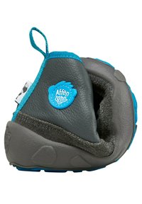 Gray children's shoe with a textured finish, blue accents, and a rubber sole. Features a loop for easy slip-on and a logo detail.