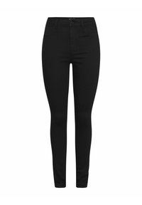 Sorte denim skinny jeans med høy midje, front knappelukking og fem-lommers design. Glatt tekstur og tettsittende silhuett.