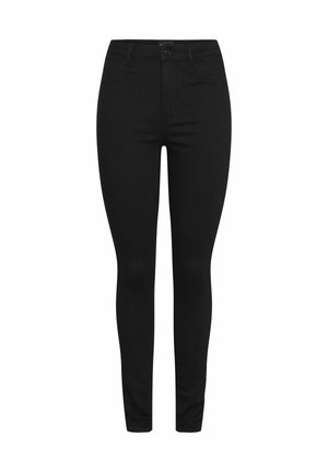 Sorte denim skinny jeans med høy midje, front knappelukking og fem-lommers design. Glatt tekstur og tettsittende silhuett.