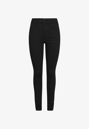 Černé džíny skinny s vysokým pasem, předním zapínáním na knoflík a pěti kapsami. Hladká textura a přiléhavý střih.