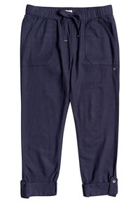 Pantalon en lin bleu marine avec taille élastique, cordon de serrage, poches latérales et revers retroussés fixés par des boutons.